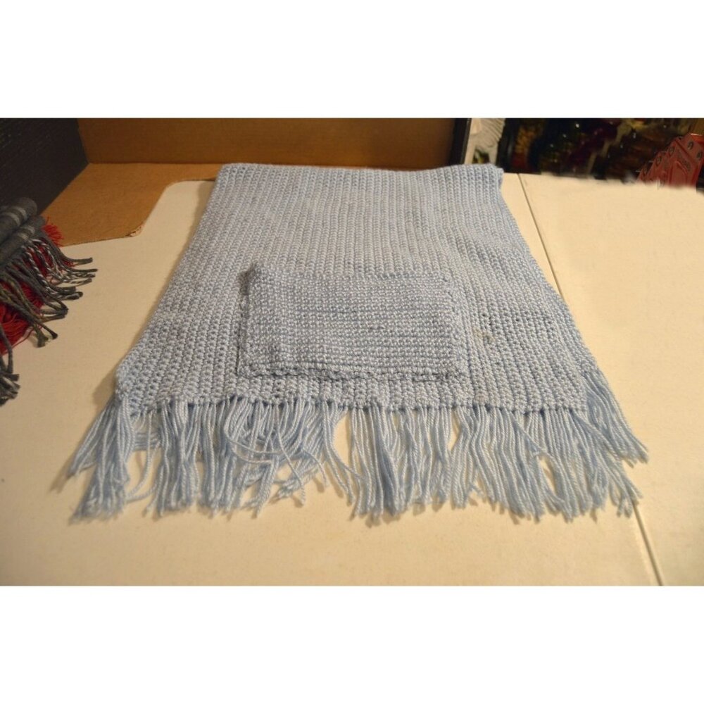 Blue Crocheted Scarf Wrap w/ 2 Pockets & Fringe Classic No Tags No ID ~60" x 16"